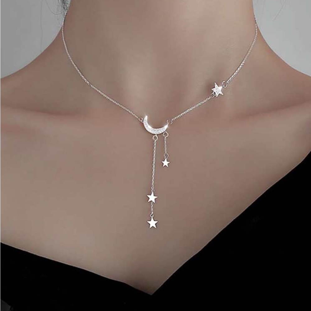 Silver Crescent Moon and Star Necklace with Drop Design